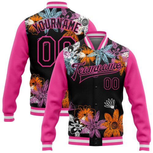 Jacket2306 Custom Black Pink Flowers 3D Pattern Design Bomber Full-Snap Varsity Letterman Jacket
