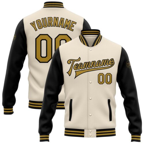 Jacket2370 Custom Cream Old Gold-Black Bomber Full-Snap Varsity Letterman Two Tone Jacket