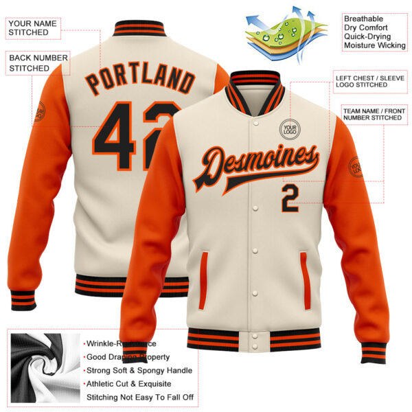Custom Cream Black-Orange Bomber Full-Snap Varsity Letterman Two Tone Jacket