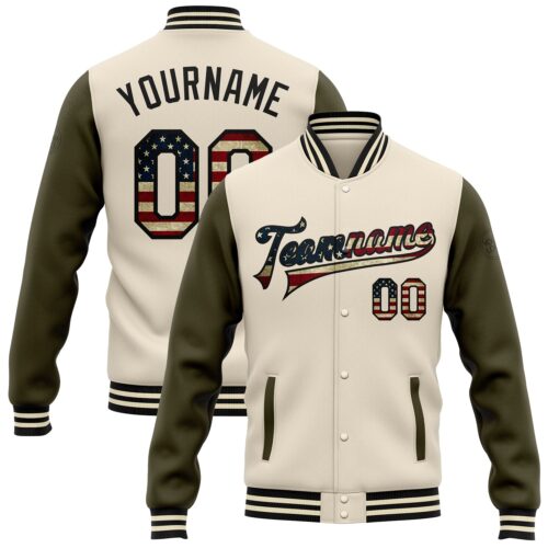 Jacket2391 Custom Cream Vintage USA Flag Olive-Black Bomber Full-Snap Varsity Letterman Two Tone Jacket