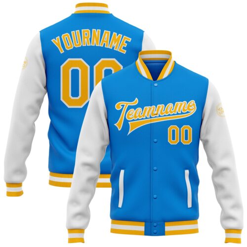 Jacket2412 Custom Powder Blue Gold-White Bomber Full-Snap Varsity Letterman Two Tone Jacket
