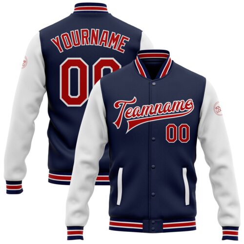 Jacket2535 Custom Navy Red-White Bomber Full-Snap Varsity Letterman Two Tone Jacket