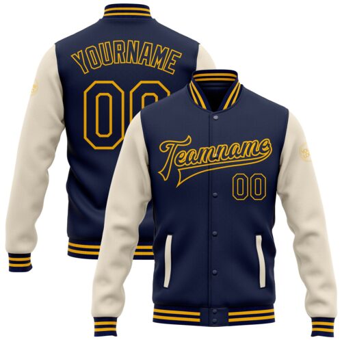 Jacket2538 Custom Navy Cream-Gold Bomber Full-Snap Varsity Letterman Two Tone Jacket