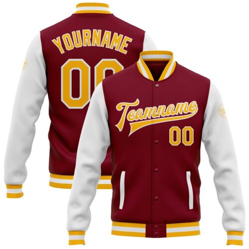 Jacket2569 Custom Crimson Gold-White Bomber Full-Snap Varsity Letterman Two Tone Jacket