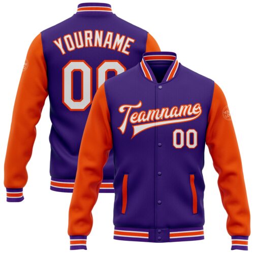 Jacket2613 Custom Purple White-Orange Bomber Full-Snap Varsity Letterman Two Tone Jacket