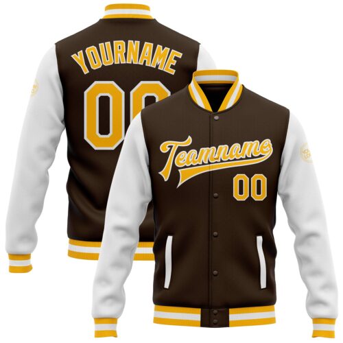 Jacket2620 Custom Brown Gold-White Bomber Full-Snap Varsity Letterman Two Tone Jacket