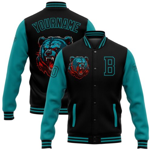 Jacket2663 Custom Black Teal 3D Pattern Design Bomber Full-Snap Varsity Letterman Jacket