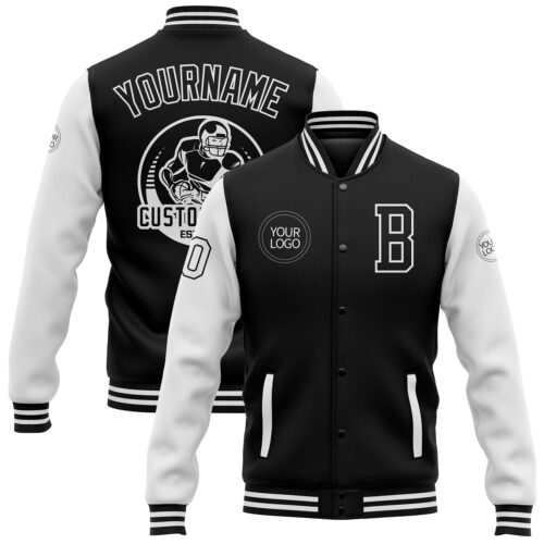 Jacket2668 Custom Black White Bomber Full-Snap Varsity Letterman Two Tone Jacket