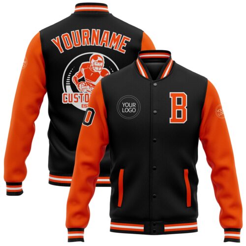 Jacket2678 Custom Black Orange-White Bomber Full-Snap Varsity Letterman Two Tone Jacket