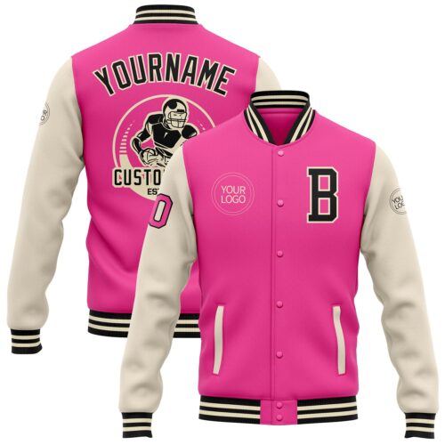 Jacket2688 Custom Pink Black-Cream Bomber Full-Snap Varsity Letterman Two Tone Jacket
