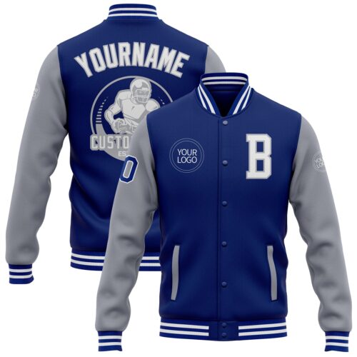 Jacket2691 Custom Royal White-Gray Bomber Full-Snap Varsity Letterman Two Tone Jacket