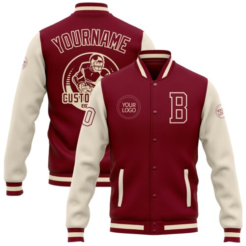 Jacket2698 Custom Crimson Cream-Maroon Bomber Full-Snap Varsity Letterman Two Tone Jacket