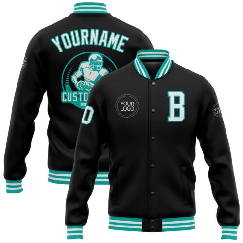 Jacket2709 Custom Black White-Aqua Bomber Full-Snap Varsity Letterman Jacket