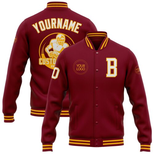 Jacket2749 Custom Crimson White-Gold Bomber Full-Snap Varsity Letterman Jacket