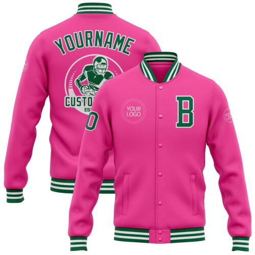 Jacket2758 Custom Pink Kelly Green-White Bomber Full-Snap Varsity Letterman Jacket