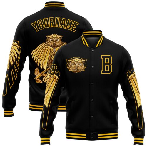 Jacket2786_6a2093cd-8abf-4fcc-b0b2-1383ff22d908 Custom Black Gold Owl 3D Pattern Design Bomber Full-Snap Varsity Letterman Jacket