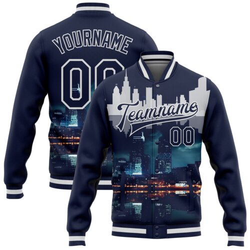 Jacket2847 Custom Navy White Detroit Michigan City Edition 3D Bomber Full-Snap Varsity Letterman Jacket
