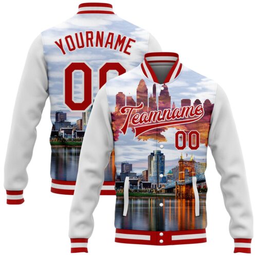Jacket2861 Custom White Red Cincinnati Ohio City Edition 3D Bomber Full-Snap Varsity Letterman Jacket