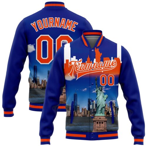 Jacket2866 Custom Royal Orange-White Statue Of Liberty New York City Edition 3D Bomber Full-Snap Varsity Letterman Jacket
