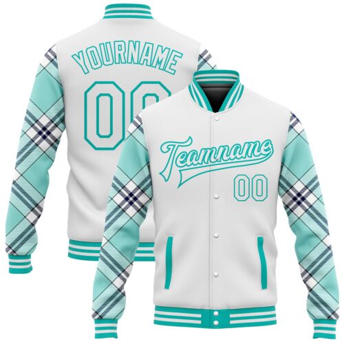 Jacket2885 Custom White Ice Blue Aqua-Navy Check Board 3D Pattern Design Bomber Full-Snap Varsity Letterman Jacket