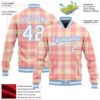 Custom Medium Pink White-Light Blue Classic Western Plaid 3D Pattern Design Bomber Full-Snap Varsity Letterman Jacket