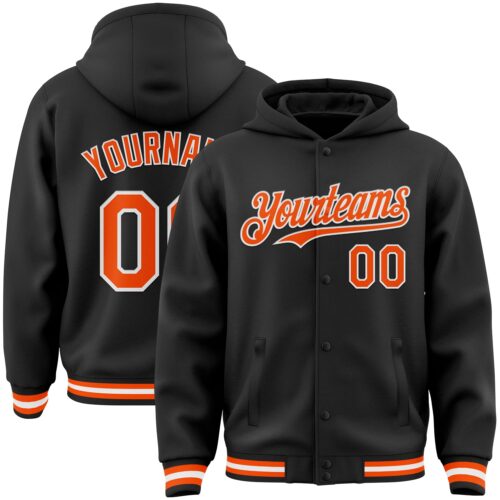 Jacket2963 Custom Black Orange-White Bomber Full-Snap Varsity Letterman Hoodie Jacket