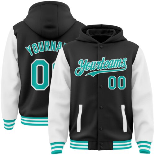 Jacket3022_b335bc30-9467-43b0-839b-eeb9a05bc6c3 Custom Black Aqua-White Bomber Full-Snap Varsity Letterman Two Tone Hoodie Jacket