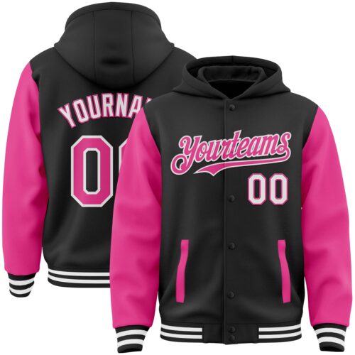 Jacket3029 Custom Black Pink-White Bomber Full-Snap Varsity Letterman Two Tone Hoodie Jacket