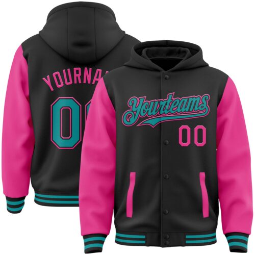 Jacket3032 Custom Black Teal-Pink Bomber Full-Snap Varsity Letterman Two Tone Hoodie Jacket