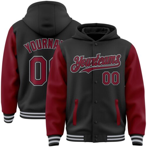Jacket3090 Custom Black Crimson-Gray Bomber Full-Snap Varsity Letterman Two Tone Hoodie Jacket