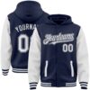 Custom Navy White Bomber Full-Snap Varsity Letterman Two Tone Hoodie Jacket