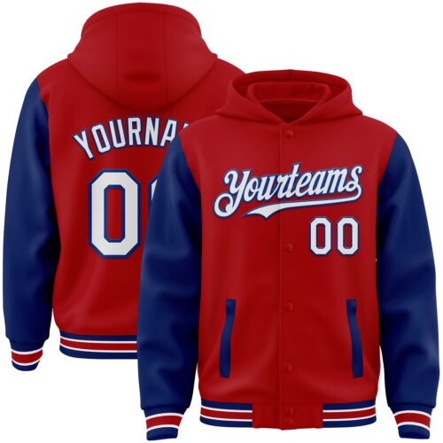 Jacket3219 Custom Red White-Royal Bomber Full-Snap Varsity Letterman Two Tone Hoodie Jacket