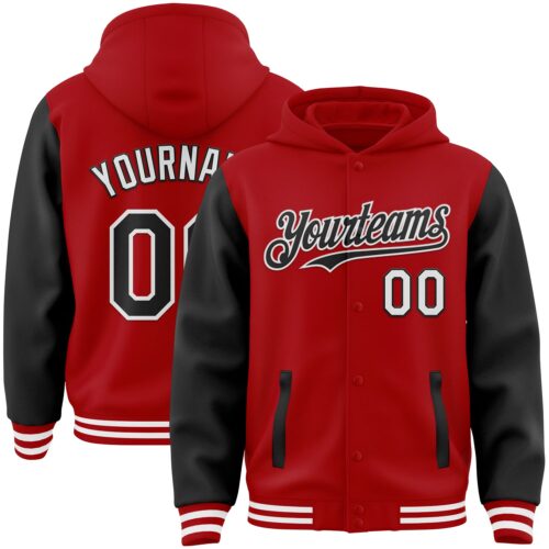Jacket3220 Custom Red Black-White Bomber Full-Snap Varsity Letterman Two Tone Hoodie Jacket