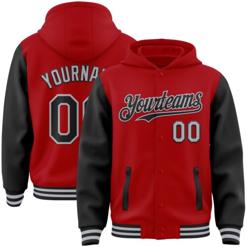 Jacket3224 Custom Red Black-Gray Bomber Full-Snap Varsity Letterman Two Tone Hoodie Jacket