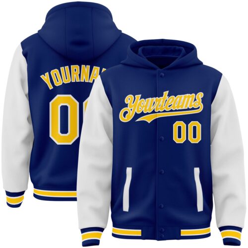 Jacket3524 Custom Royal Yellow-White Bomber Full-Snap Varsity Letterman Two Tone Hoodie Jacket