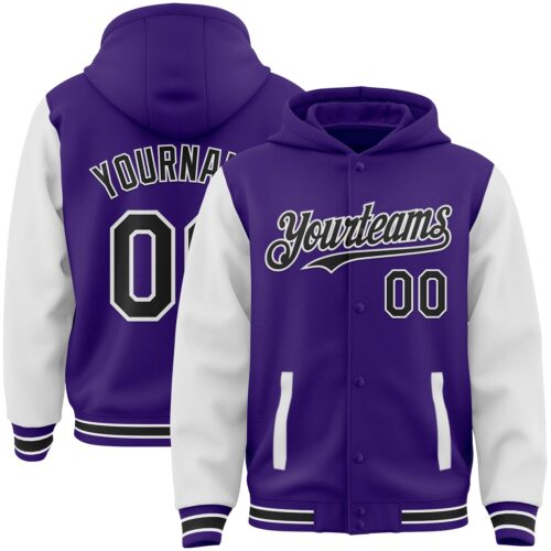 Jacket3587 Custom Purple Black-White Bomber Full-Snap Varsity Letterman Two Tone Hoodie Jacket