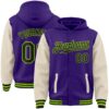 Custom Purple Black Cream-Neon Green Bomber Full-Snap Varsity Letterman Two Tone Hoodie Jacket