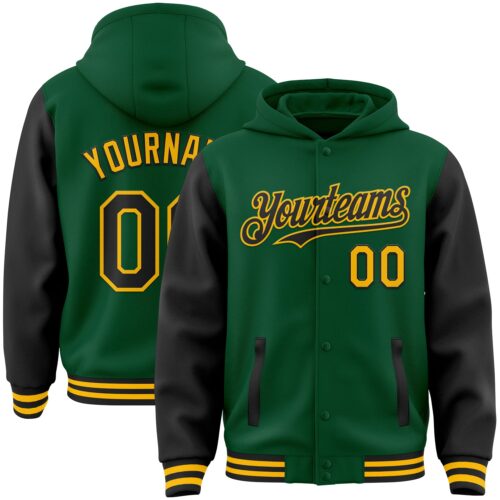 Jacket3666 Custom Kelly Green Black-Gold Bomber Full-Snap Varsity Letterman Two Tone Hoodie Jacket
