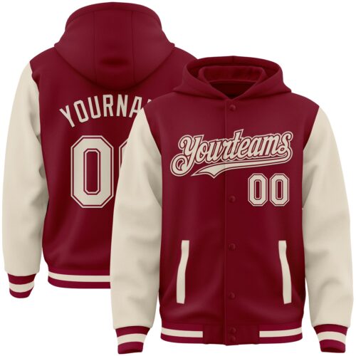 Jacket3744 Custom Crimson Cream Bomber Full-Snap Varsity Letterman Two Tone Hoodie Jacket