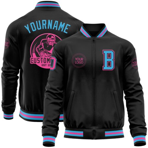 Jacket3838 Custom Black Sky Blue-Pink Bomber Varsity Letterman Zipper Jacket
