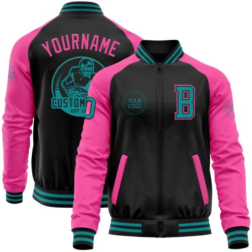Jacket3909 Custom Black Teal-Pink Bomber Varsity Letterman Two Tone Zipper Jacket
