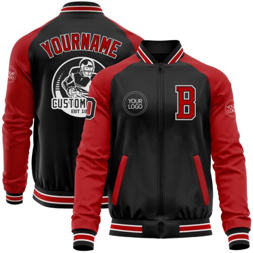 Jacket3920 Custom Black Red-White Bomber Varsity Letterman Two Tone Zipper Jacket