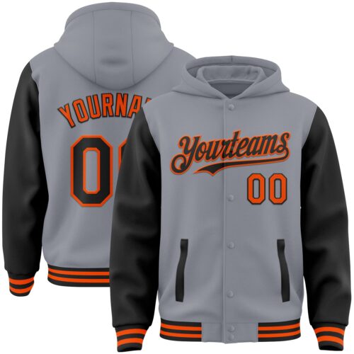 Jacket4296 Custom Gray Black-Orange Bomber Full-Snap Varsity Letterman Two Tone Hoodie Jacket