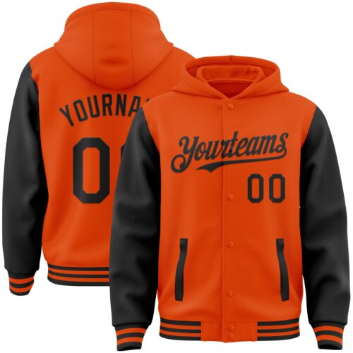 Jacket4527 Custom Orange Black Bomber Full-Snap Varsity Letterman Two Tone Hoodie Jacket