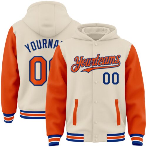 Jacket4627 Custom Cream Orange Royal-White Bomber Full-Snap Varsity Letterman Two Tone Hoodie Jacket
