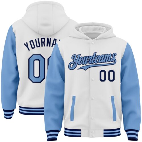 Jacket4862 Custom White Light Blue-Navy Bomber Full-Snap Varsity Letterman Two Tone Hoodie Jacket