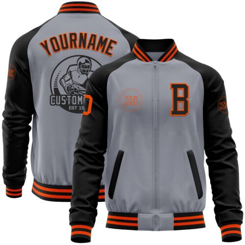 Jacket5950 Custom Gray Orange-Black Bomber Varsity Letterman Two Tone Zipper Jacket