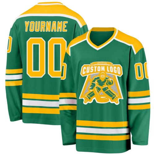 KellyGreen0279 Custom Kelly Green Gold-White Hockey Jersey