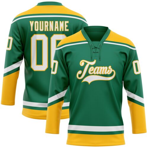 KellyGreen0466 Custom Kelly Green White-Gold Hockey Lace Neck Jersey