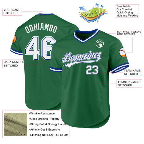 Custom Kelly Green White-Royal Authentic Throwback Baseball Jersey